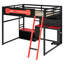 Lit mezzanine double en bois massif avec bureau, tablettes, lumières DEL, ports de recharge USB et panneau perforé, noir et rouge-725934109