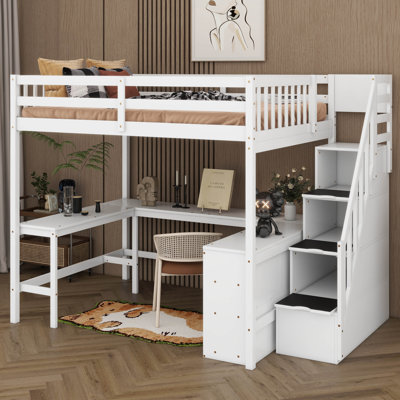 Structure de lit mezzanine en bois pleine grandeur avec bureau en forme de L intégré et 3 tablettes de rangement et escalier de rangement attaché pour les enfants, aucun sommier nécessaire