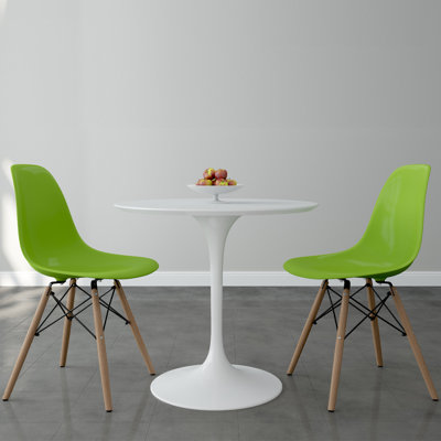 Modholic Tulip 42" Fiberglass Dining Table & Set Of 2 Wood Leg Chairs, Green