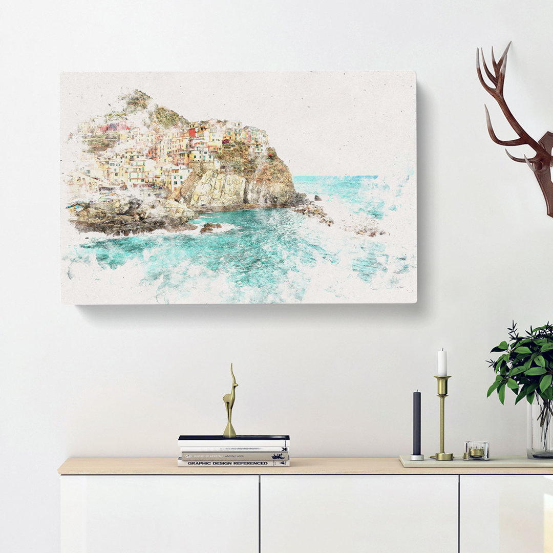 Manorolo Cinque Terre in Italy Watercolour - Wrapped Canvas