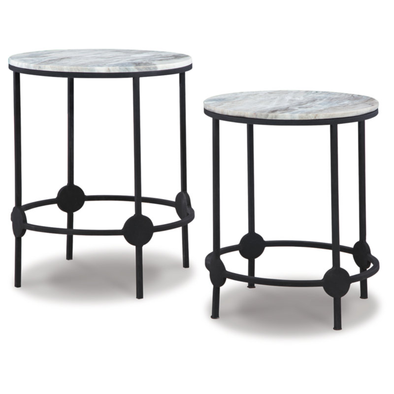 White and Black Round Metal and Stone Accent Table Set