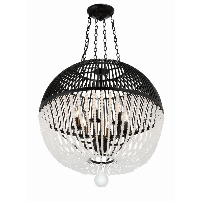 Matte Black Cage Chandelier with Frosted Glass Beads