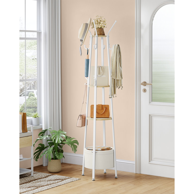Coat Stand, Coat Rack with 16 Hooks and 1 Basket, Metal Coats Hall Tree for Scarves, Bags, Hats, FreeStanding, Hallway, Living Room, Bedroom, Office