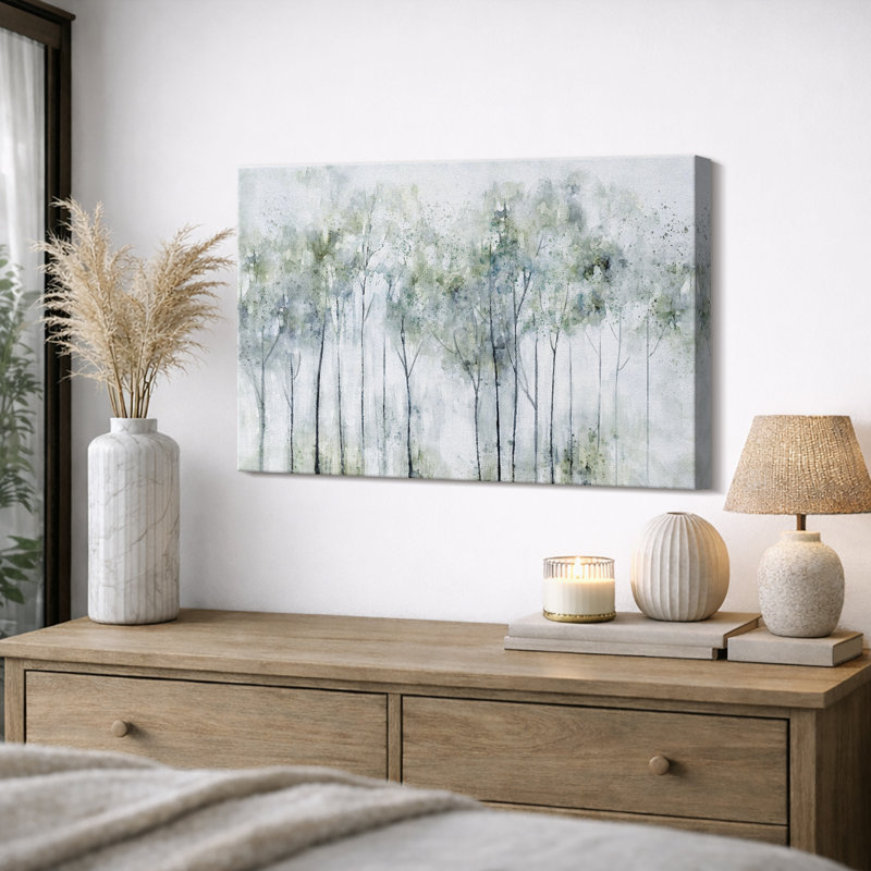 Abstract Forest "Muted Pastel Green Trees Artwork, Modern Watercolor Painting Wall Pictures, Large Framed Canvas Giclee Print Wall Art"