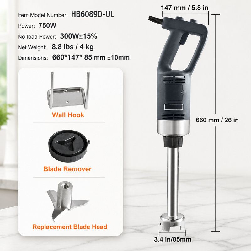 Commercial Immersion Blender 750W 12" Heavy Duty Hand Mixer Variable Speed Stick Mixer with 304 Stainless Steel Blade