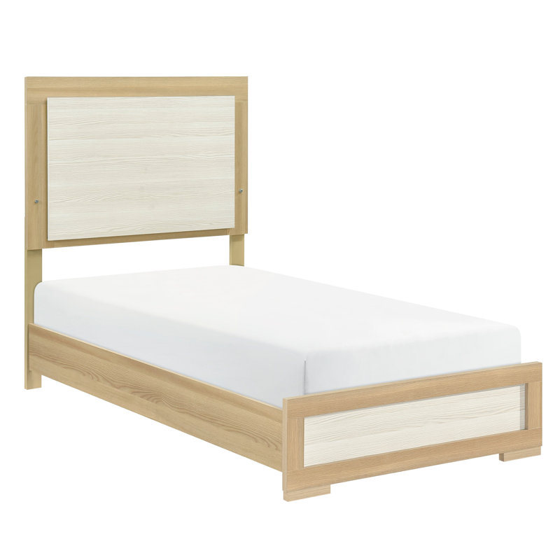 Lit simple contemporain avec tête de lit à panneau en bois naturel et blanc, protégé contre les taches et les égratignures en bois