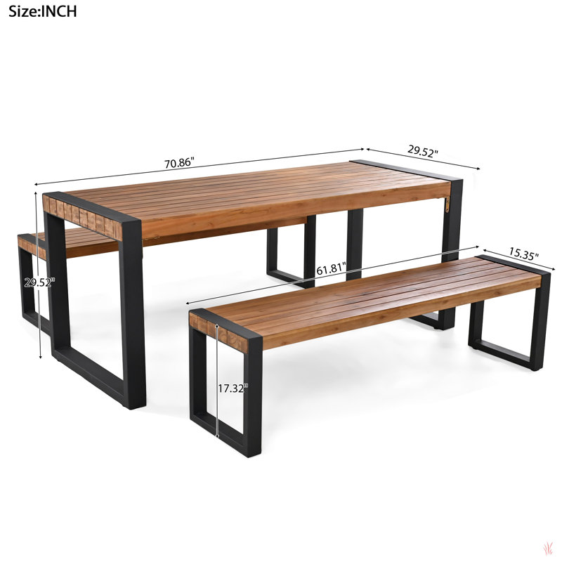 Ensemble de salle à manger rectangulaire 4 personnes en bois d'acacia massif et métal, H 29,52 po x l 70,86 po x P 29,52 po