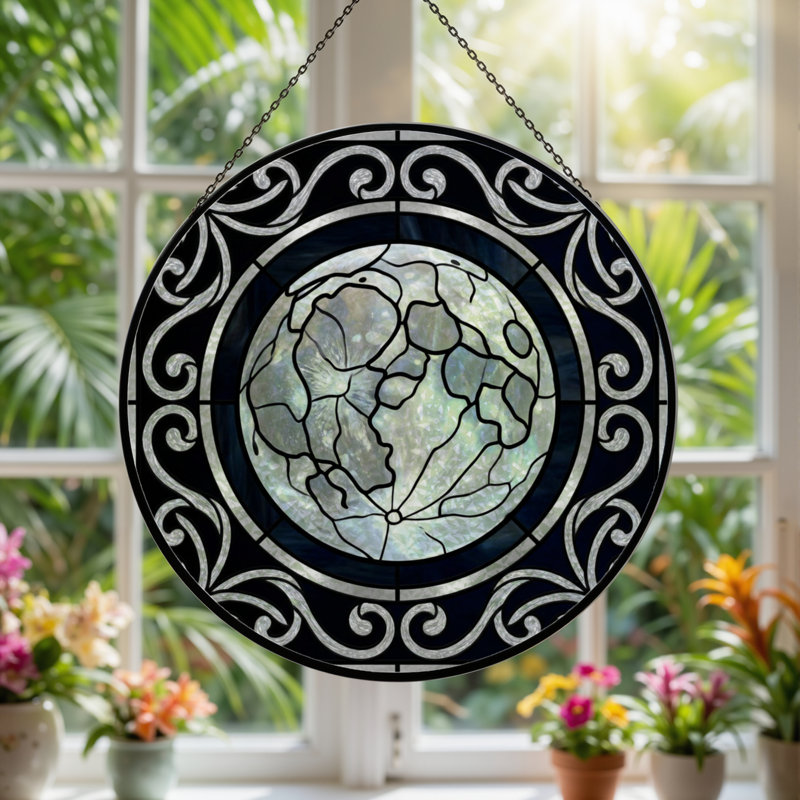 7.8"H Moon Pattern Stained Glass Window Panel