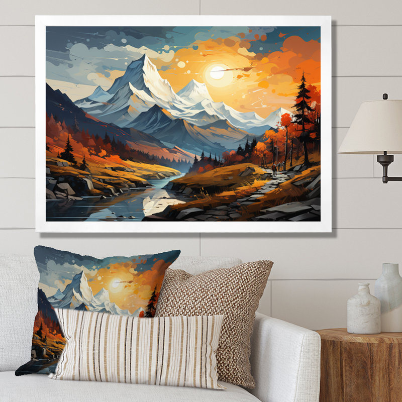 «Orange Teal Mountains Majestic Peaks Collage IV», reproduction sur toile, H 16 po x l 32 po x P 1 po, Cadre simple blanc