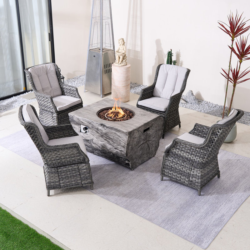 Ensemble de conversation d'extérieur 4 personnes avec table de foyer Nouriah, Blanc, Gris