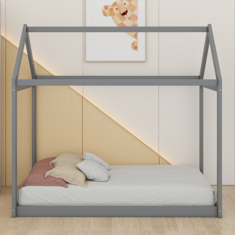 Twin Size Gray Wooden House Bed, Gray