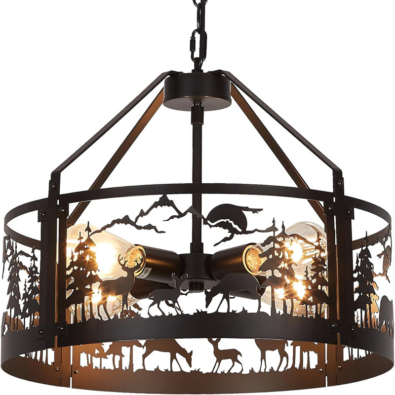 Lustre rustique de style campagnard avec un design d'ours et de cerf, luminaire suspendu de plafond réglable à 4 lumières pour la salle à manger, la cuisine, la cabane, le pavillon ou le vestibule