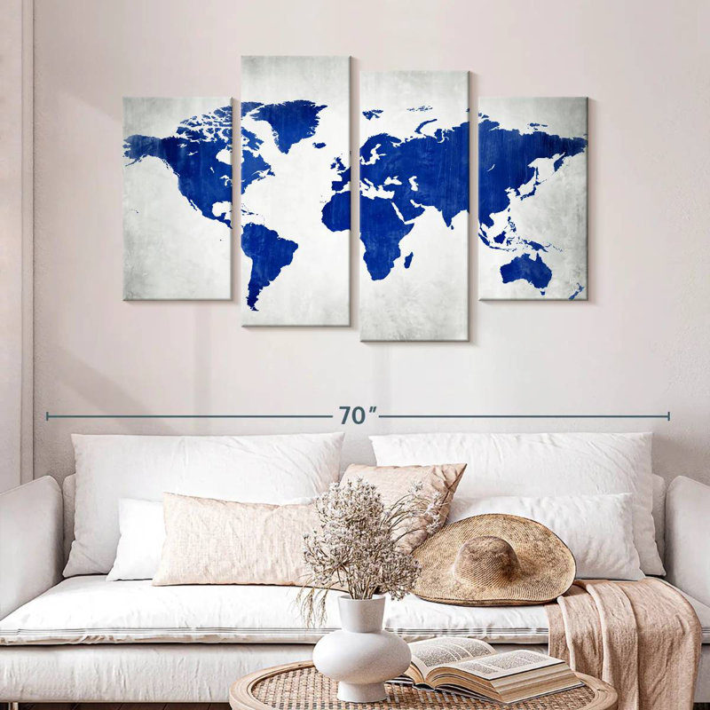 Aliaz World Map In Blue, 32" H x 52" W