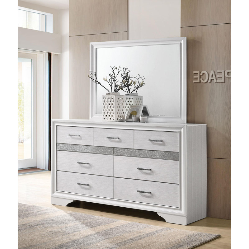 Commode 7 tiroirs avec miroir blanc, Blanc