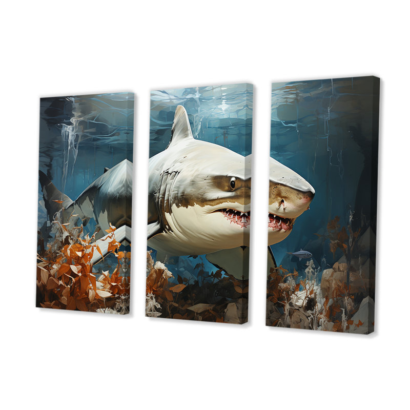 Minimalism Shark Hunting - Coastal Animal Wall Art Set, 28" H x 36" W