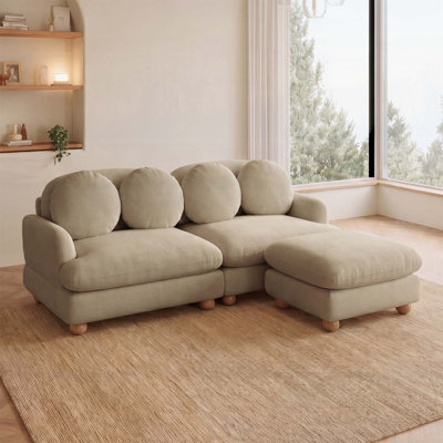 Canapé confortable deux places en chenille, canapé profond avec 4 coussins décoratifs, pouf amovible, structure en bois pour salon et chambre