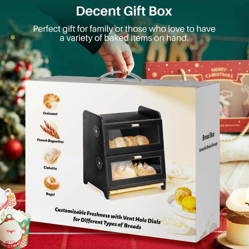 Countertop Bread Storage Container With Bamboo Cutting Board And Adjustable Vent, Black