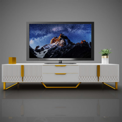 Console télé avec armoires de rangement, meuble télé Carve Design avec pieds en métal, grand espace de rangement pour le salon et la chambre à coucher