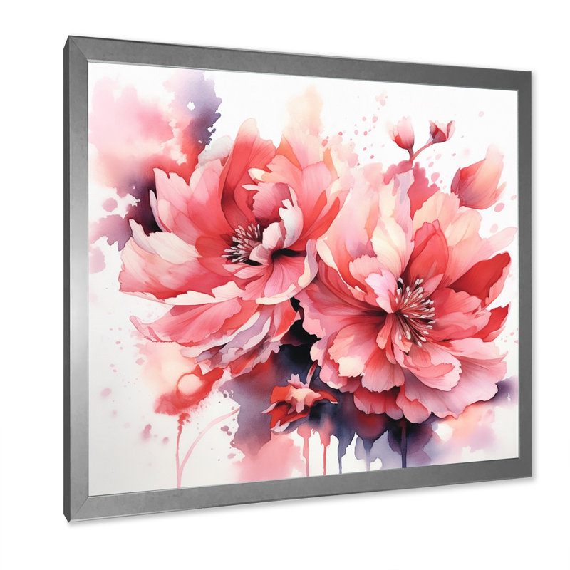 Red Peony Visons sur impression sur toile, Cadre simple argenté, H 24 po x l 24 po x P 1 po