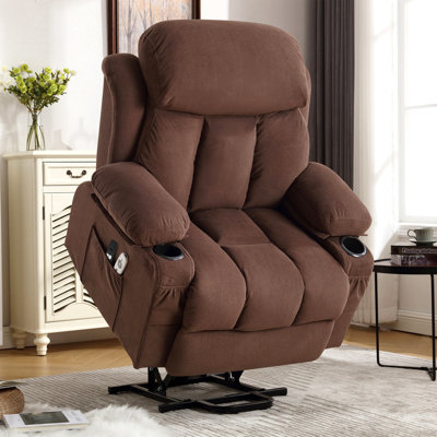 Fauteuil releveur électrique avec fonction chauffante et massante, fauteuil inclinable électrique en tissu pour personnes âgées avec poche latérale, port de chargement USB et télécommande pour le salon - Brun