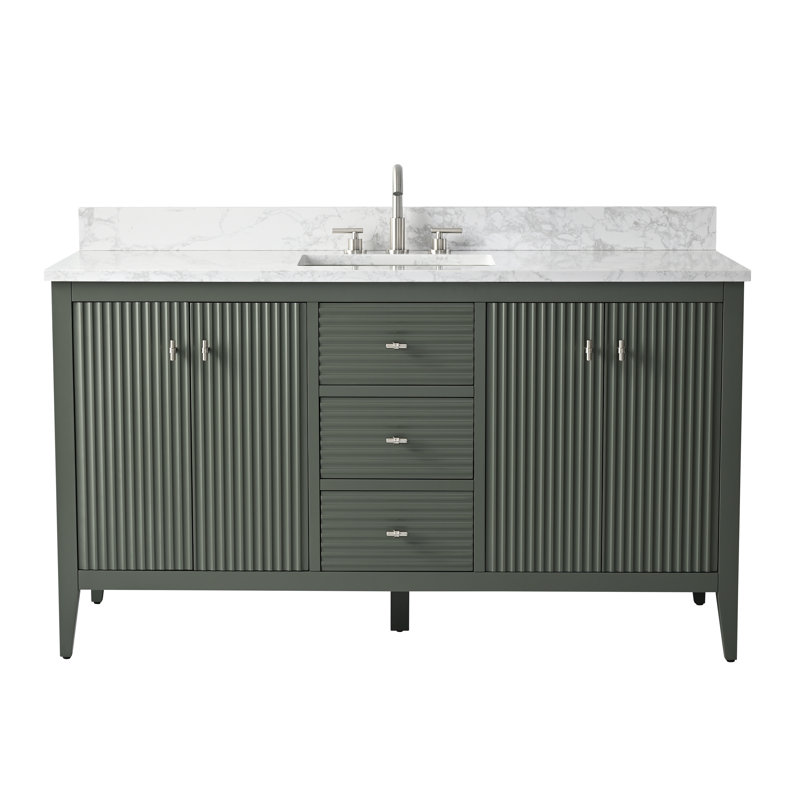 Ensemble de meuble-lavabo autoportant avec lavabo en marbre 60 po Lavallon, Linéaire vert rétro, Nickel brossé