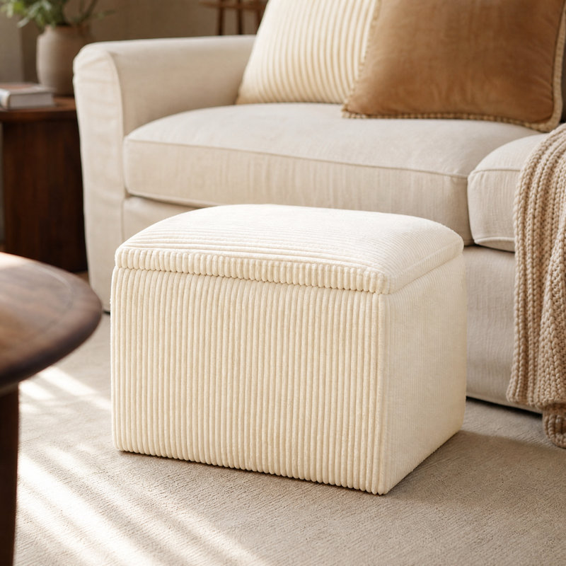 Cube Storage Ottoman,  Multi-Functional Footrest, Corduroy Beige, Beige, Corduroy