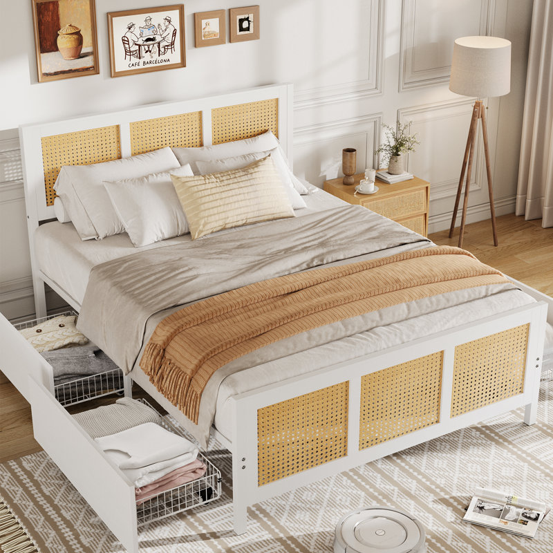 Cadre de lit en rotin avec 4 tiroirs de rangement, cadre de lit Boho Cane avec tête de lit à DEL, King, White
