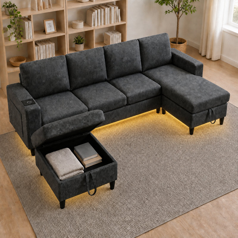 109" Reversible U-Shaped Sectional Sofa Couch with 2 Storage Ottomans, LED Lights & Charging Station, Gray