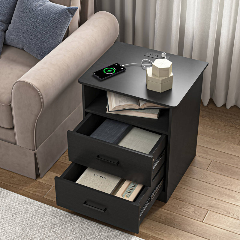 2 Drawers Nightstand With Charging Station, Black