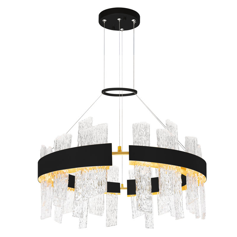 Modern LED 32in Chandelier – Flush Mount Black & Satin Gold Fixture, Integrated Dimmable Lighting for Dining Room, Bedroom, or Entryway