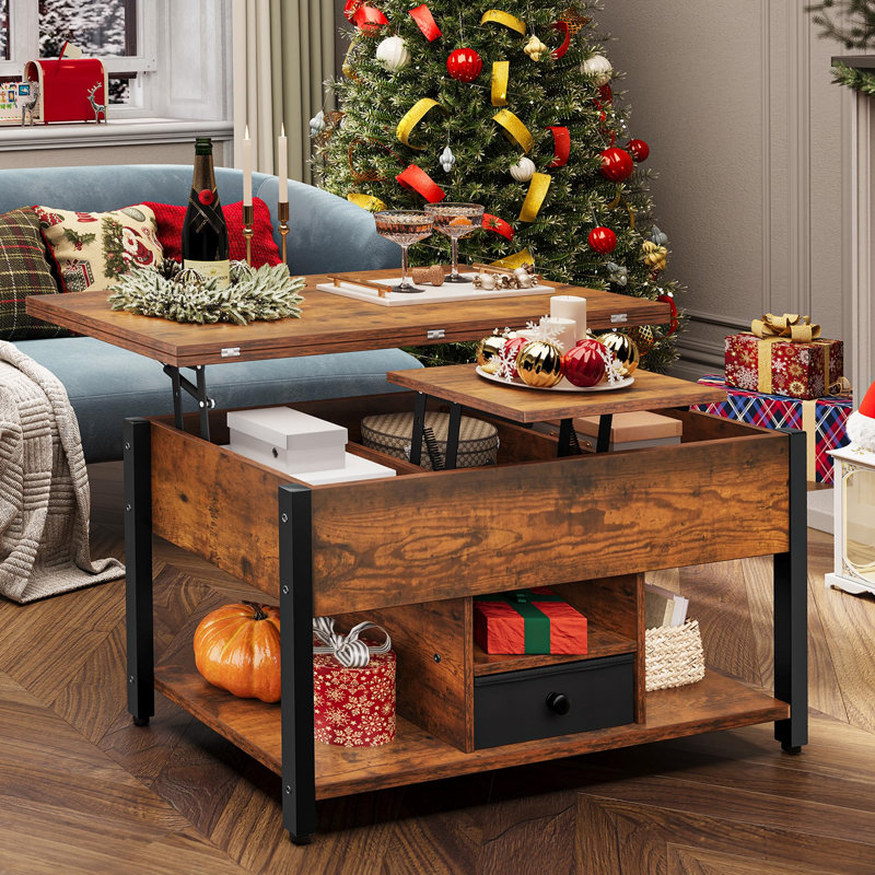 Afeez Lift Top Coffee Table with Storage，Extendable Coffee Table Centre Table for Living Room, Black, Rustic Brown