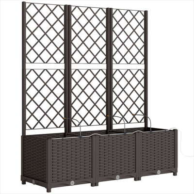 Self-Watering Raised Planter Box with Trellis, Warm Brown, Modular 3-Piece Set, 47.2 L x 15.7 W x 53.5 H, PP Construction
