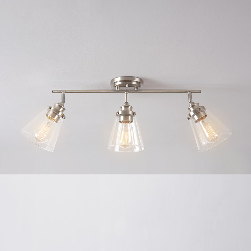 Éclairage sur rail 3 lumières, nickel brossé, abat-jour en verre transparent, argent, ampoule non incluse