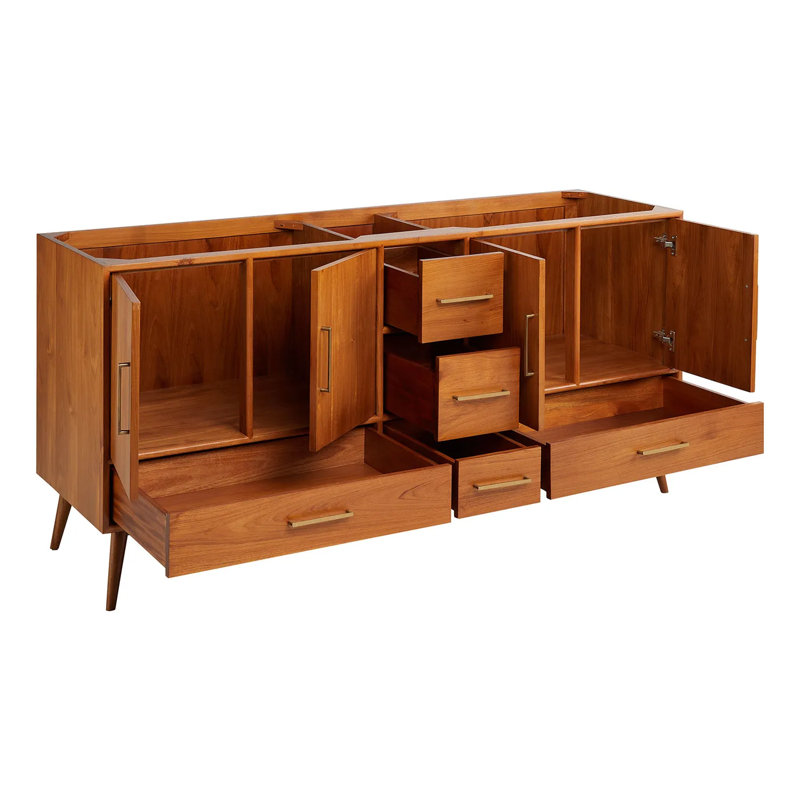 72" Novak Double Bathroom Vanity Set with Rectangular Undermount Sinks, Natural Teak, Arctic White Quartz, Single-Hole