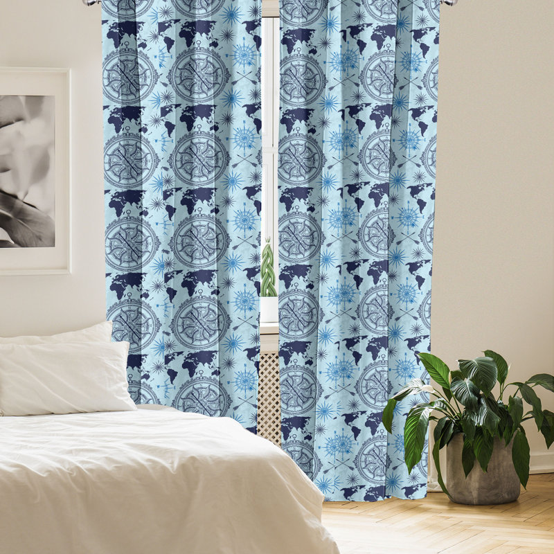 Bungalow Rose Compass 4-Panel Curtains, World Map Arrow Pattern Pale Blue Indigo, 56" W x 84" L
