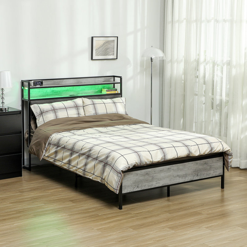 Cadre de lit avec tête de lit avec rangement, cadre de lit plateforme avec lumières DEL, Roi, Gris