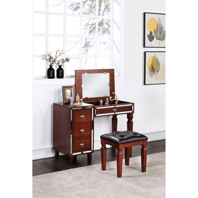 Tabouret de meuble-lavabo traditionnel couleur cerise, plusieurs options de rangement, siège, fabrication en bois de pin et d'hévéa + placage de peuplier