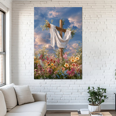 Impression sur toile Timuba grande Pâques - croix de printemps et fleurs, décoration murale, œuvre d'art religieuse pour la maison, reproduction sur toile tendue avec cadre en pin, 36 po x 48 po