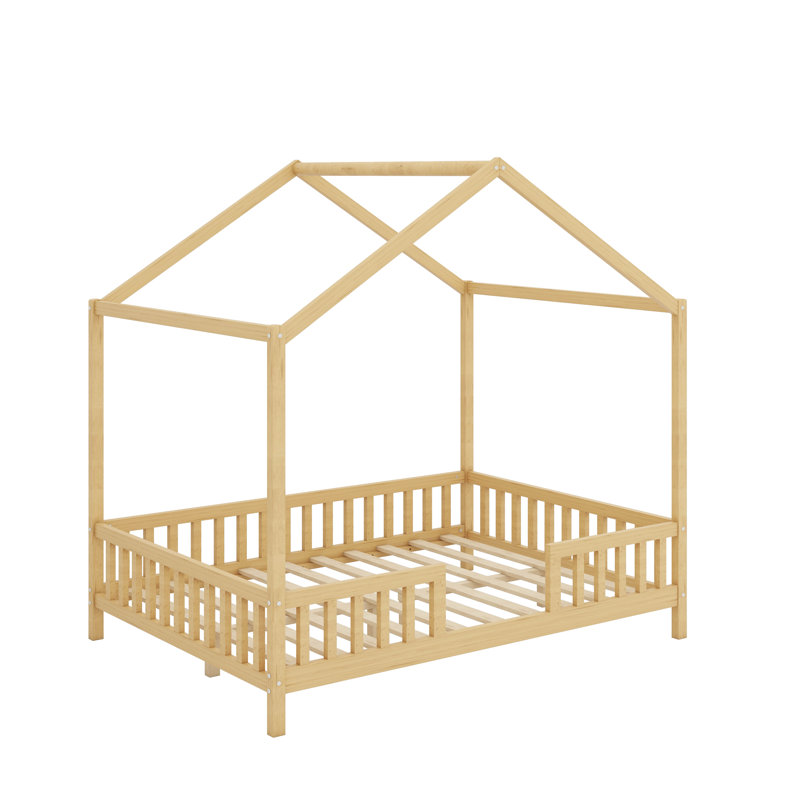 Cadre de lit double pour enfants, cadre de lit pour tout-petits en forme de maison avec balustrades hautes, Naturel