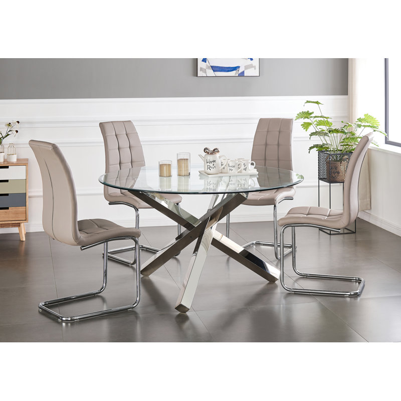 Vogo Modern Design Chrome and Glass Dining Table Set with 4 Modern Faux Leather Dining Chairs, Cappuccino Beige/Silver