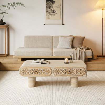 Rounded Edge Coffee Table with Flower Pattern Solid Wood Drawer, Coffee Table for Living Room, Office