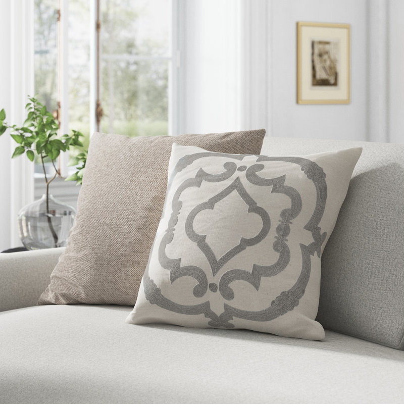 Arseneau Hebb Sonny Feather Geometric Throw Pillow, Grey & Off-White