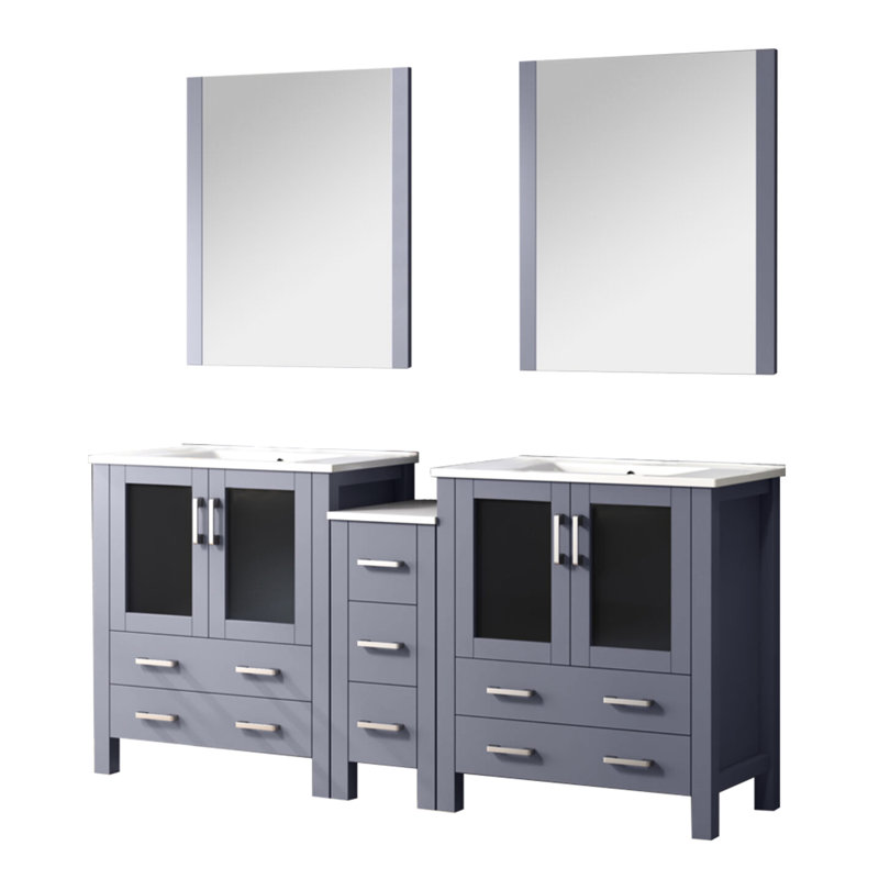 Meuble-lavabo double 72 po Large abat-jour gris foncé, plateau en céramique blanche, 28 miroirs, tiroirs à fermeture en douceur, rangement spacieux des armoires grises, système, grand et tiroirs