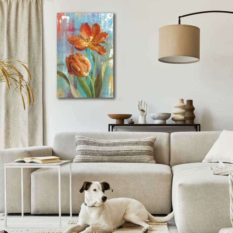 «Parrot Tulips 2» par Danhui Nai, art mural en verre acrylique, H 36 po x l 24 po