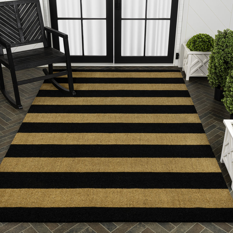Sutton Modern Coastal Striped Coir Natural/Black Indoor/Outdoor Doormat, 48" W x 72" L