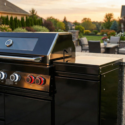 82 pouces 85000 6 brûleurs de cuisine en acier inoxydable en acier inoxydable pour barbecue avec îlot de comptoir en granit, roulettes coulissantes, tiroirs de rangement, allumage électronique, hotte double