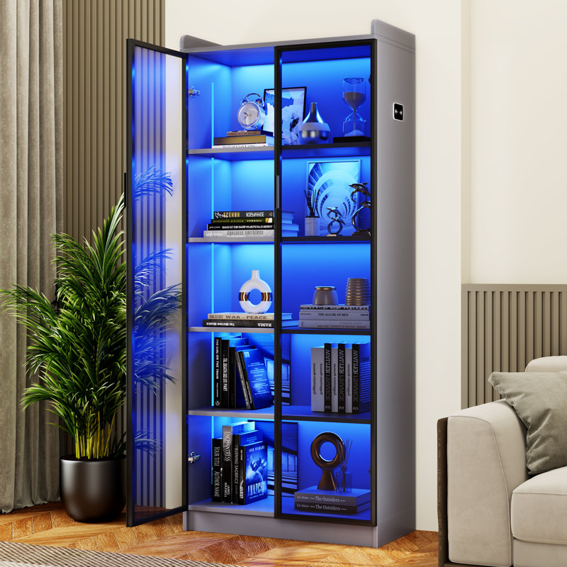 5-Tier Display Cabinet with 3 Color Led Lights and Human Sensor Function, Grey