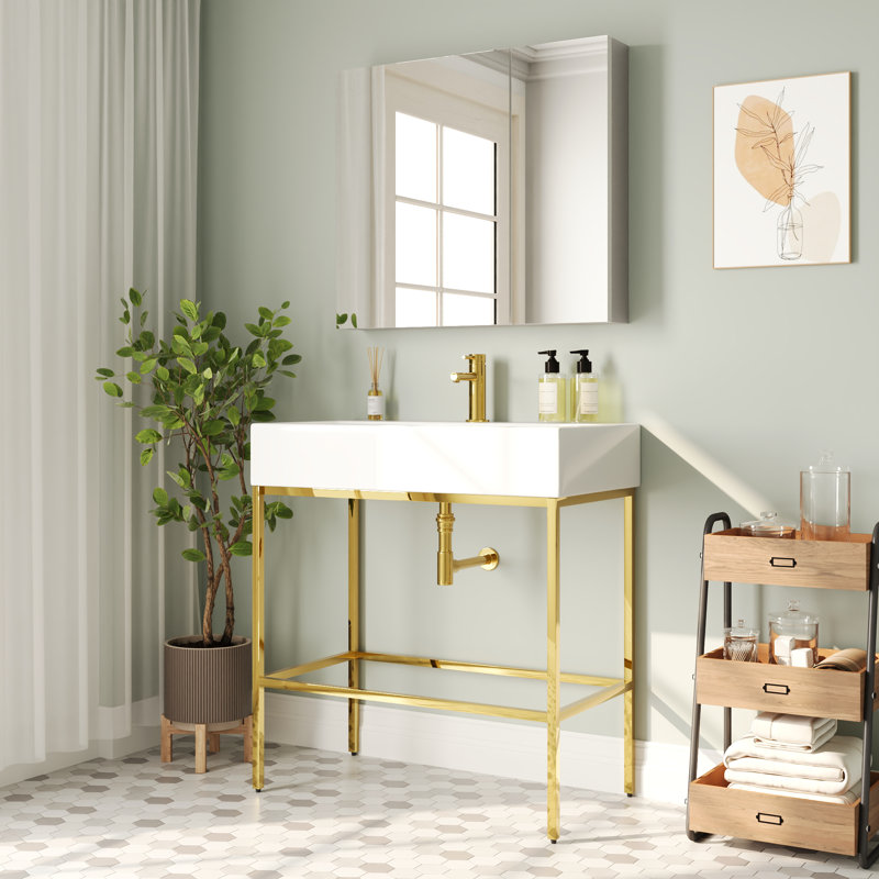 White Ceramic Console Sink with Gold Stainless Steel Frame