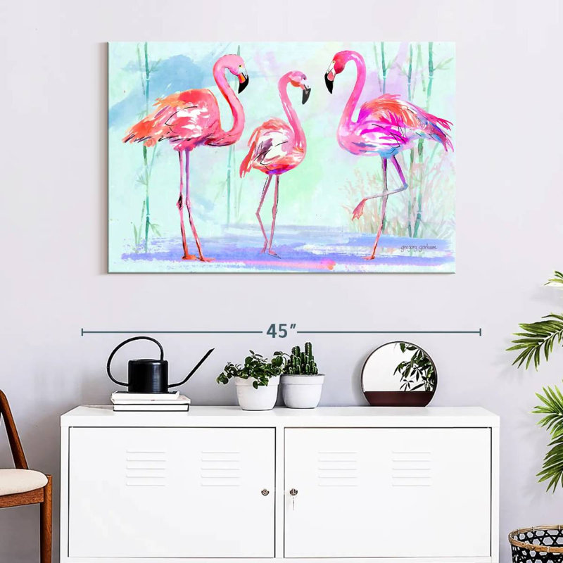 Trio flamant rose Brampt sur fond bleu, H 26 po x l 39 po