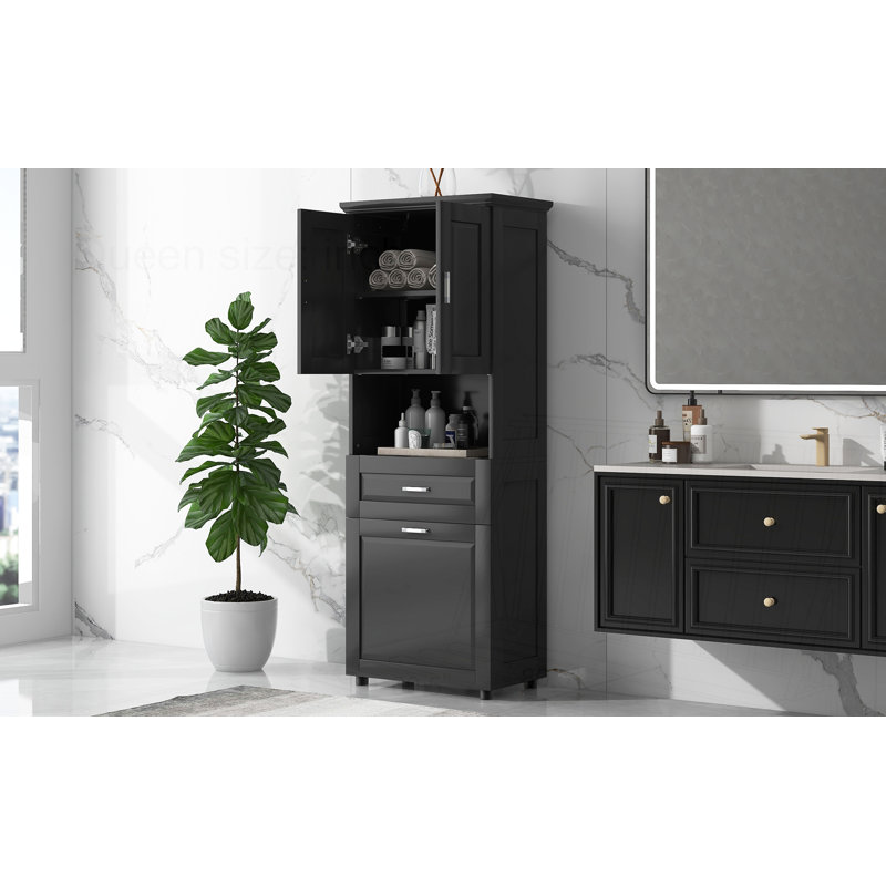 Tall Bathroom Cabinet with Laundry Basket, Black